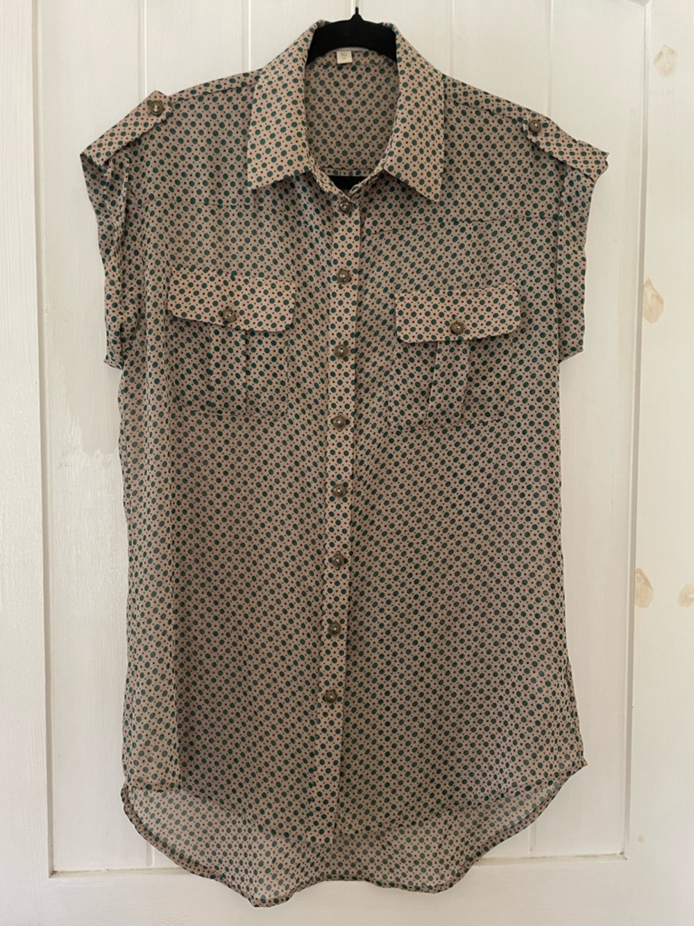 Vintage Pleione Top Blouse Sheer Lightweight Button Down Green Gray Size M